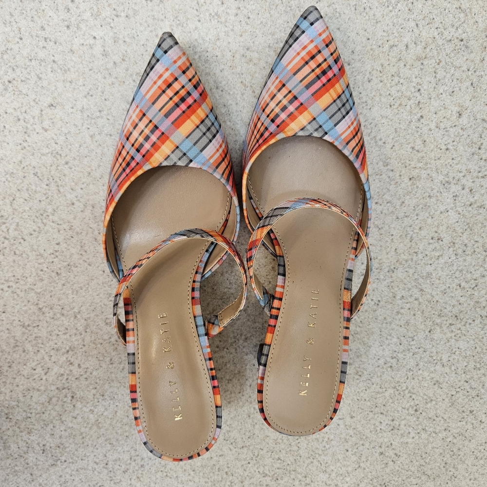 Kelly & Katie Orange Plaid Pointed-Toe Slingback Heels